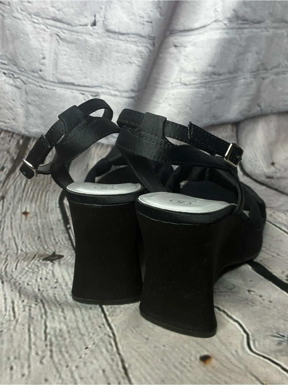 Vtg y2k Bratz Whimsigoth Black Promcore Satin Chunky Platform Wedge Sandals Sz 8 - Picture 6 of 10